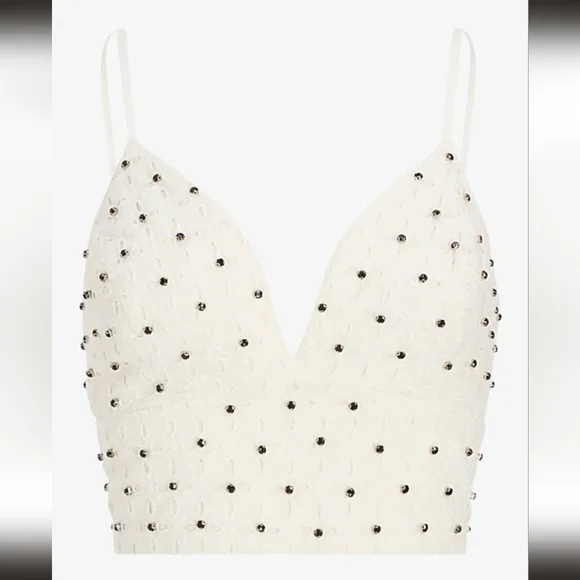 Eyelet Deep V-Neck Embellished Cropped Cami - Picture 2 of 5